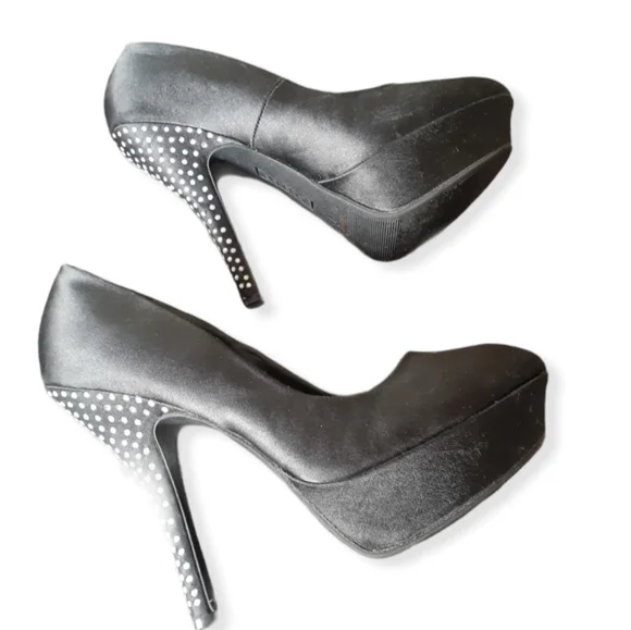 BAMBOO Black Satin Stilettos w/Rhinestone Embellished Heel - Picture 5 of 8